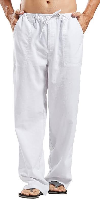 Men'S Cotton Linen Pants Summer Solid Color Breathable Linen Trousers Male Casual Elastic Waist Fitness Pants
