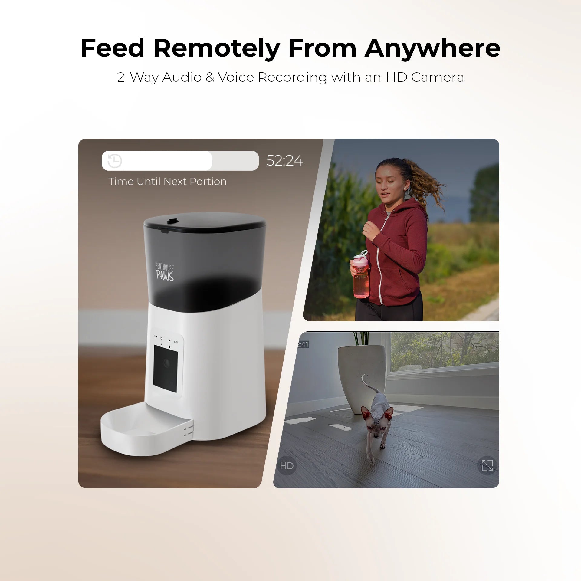 Penthouse Paws Smart HD Automatic Pet Feeder, 6L Dry Food Capacity, 1080P Camera, 2-Way Audio, Scheduled Meals, Backup Power, Easy to Clean, Anti-Jam Design for Cat and Dog, White